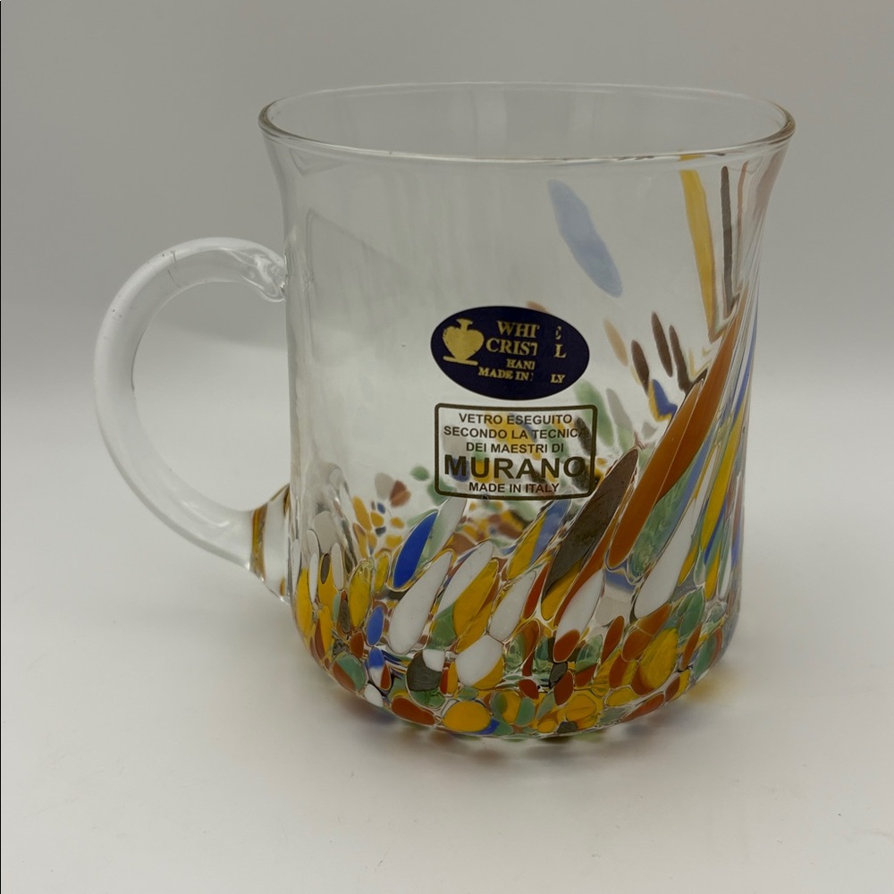 Murano White Crystal Confetti Studio Art Glass Mug NWT